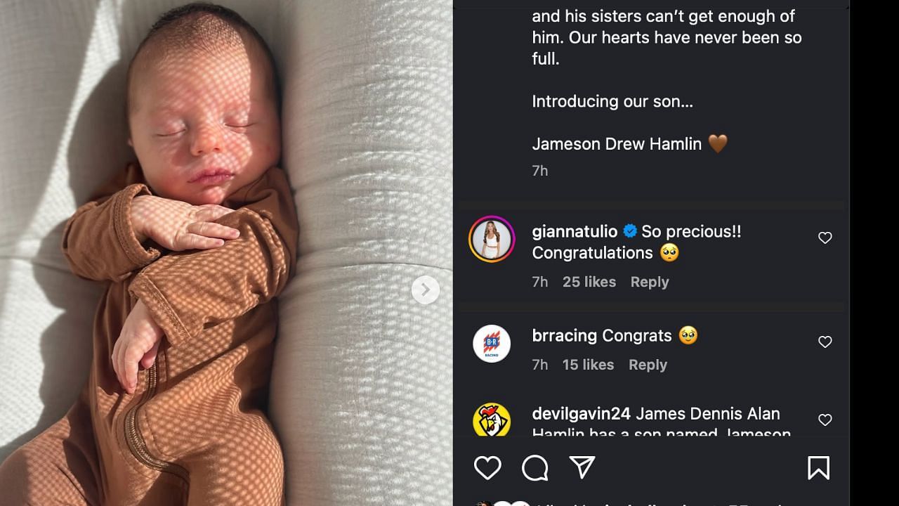 Gianna Tulio's comment on Denny Hamlin's post - Source: @giannatulio via @dennyhamlin on Instagram